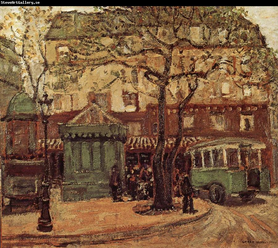 Grant Wood Greenish Bus in Street of Paris